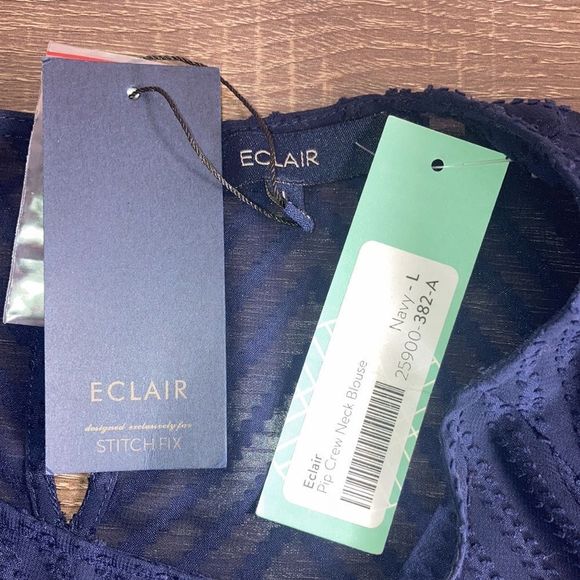 ECLAIR NWT Sheer Chevron Pattern Navy Blue Blouse Large - Picture 7 of 13